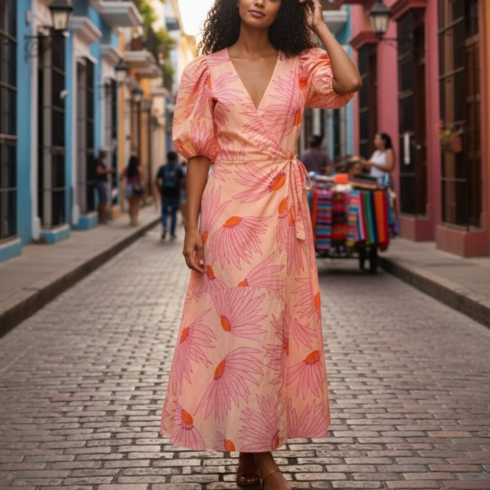 Kate Spade Peach‎ Floral Wrap Midi Dress S6 Flawless!